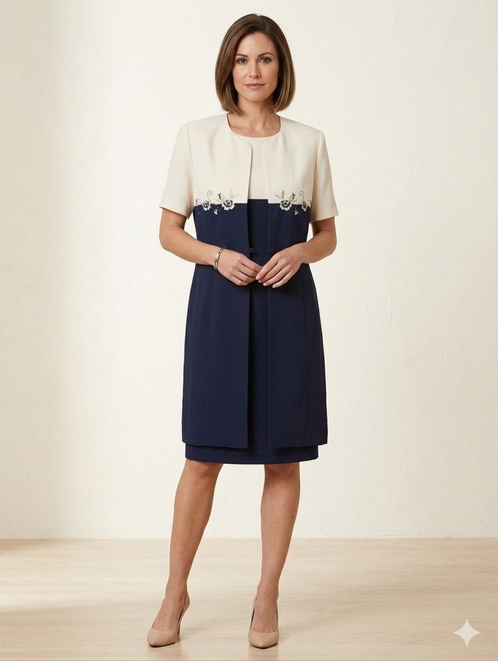 S.L. Fashions Navy and Cream Two-Piece Midi Dress Set